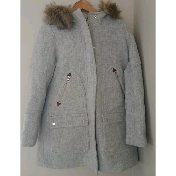 J. Crew Chateau Parka Italian Stadium-Cloth Wool Coat Size 4 Gray Fur Trim Hood - Picture 2 of 11